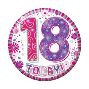 a pink and purple plate with the number 18 on it .
