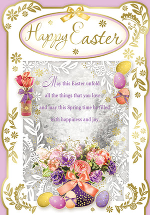 A happy Easter card with flowers and Easter eggs.