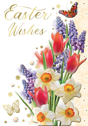 An Easter wishes card with flowers and butterflies.