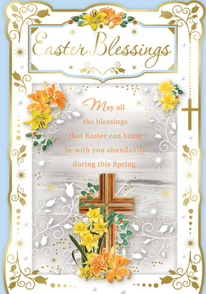 An Easter blessings card with a cross and flowers.