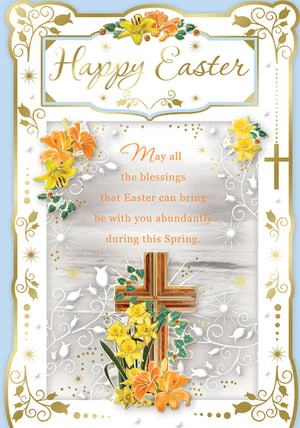 A happy Easter card with a cross and flowers.