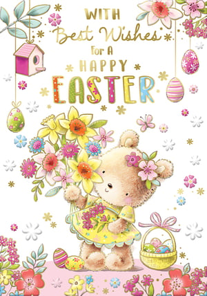 An Easter card with a teddy bear holding flowers and the words "with best wishes for a happy Easter."