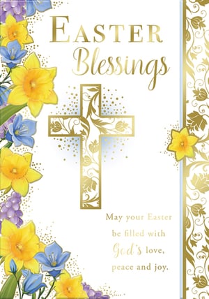 An Easter blessings card with flowers and a cross.
