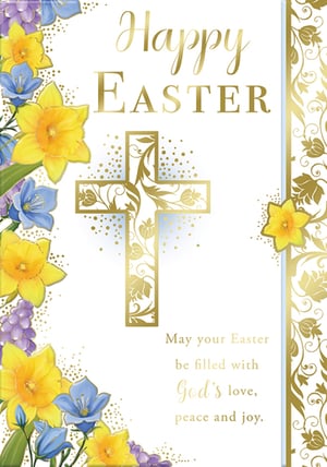 A happy Easter card with flowers and a cross.