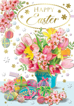 A happy Easter card with flowers and Easter eggs.