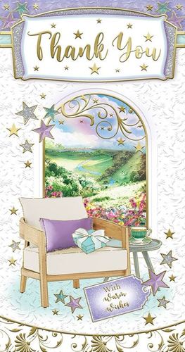 a thank you card with a chair and a landscape in the background .