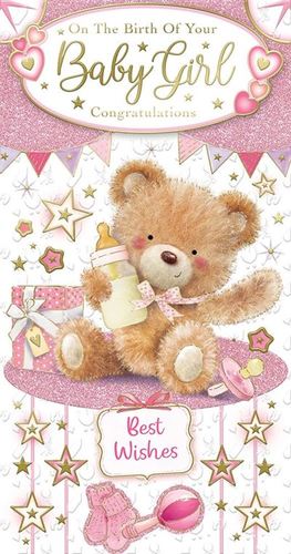 a baby girl congratulations card with a teddy bear holding a bottle and pacifier .