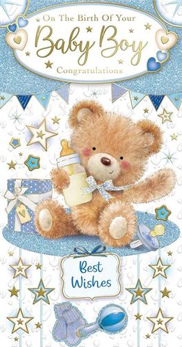 a teddy bear is holding a bottle of milk on a baby boy congratulations card .