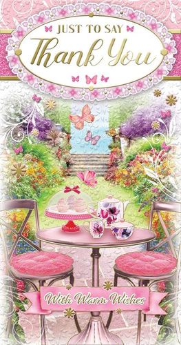 a thank you card with a table and chairs in a garden .
