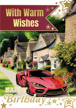 a birthday card with a red sports car on it