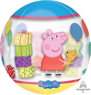 a peppa pig balloon with gifts and balloons on it