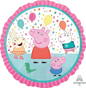 a peppa pig balloon with balloons and confetti