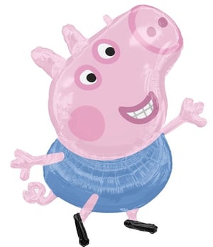 a peppa pig balloon with a blue skirt and black feet