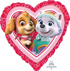 a heart shaped balloon with skye and everest from paw patrol
