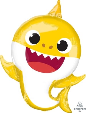 a baby shark balloon that is yellow and white