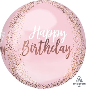 a pink and gold balloon that says happy birthday
