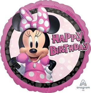 a minnie mouse balloon that says happy birthday