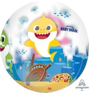 a pinkfong baby shark balloon with a shipwreck in the background