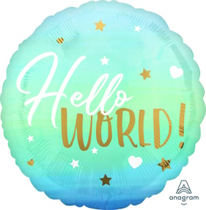 Welcome the newest arrival with our delightful 17" Blue Baby Boy foil balloon! This charming round balloon features a beautiful gradient design, transitioning from soft aqua to a gentle blue, creating a serene backdrop. The heartwarming message "Hello WORLD!" is elegantly displayed, with "Hello" in a graceful white script and "WORLD!" in shimmering gold lettering.

Adorned with a scattering of sweet gold and white stars, and tiny hearts, this balloon is perfect for celebrating a baby boy's arrival, baby showers, or welcoming home a newborn. Supplied by Anagram Europe Ltd., you can trust in its quality and vibrant appeal. Each balloon is packaged individually, making it easy for retailers to stock and sell. A truly lovely addition to any baby celebration!