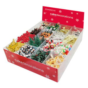 a box of christmas decorations from cakedecorations