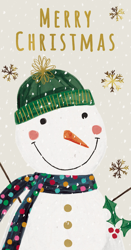 a christmas card with a snowman wearing a green hat and scarf