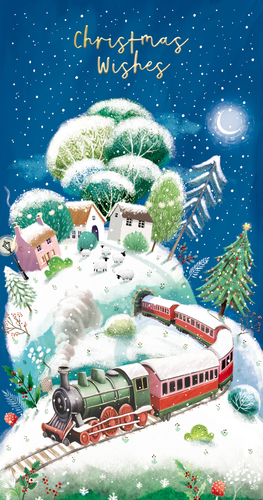 a christmas wishes card with a train in the snow