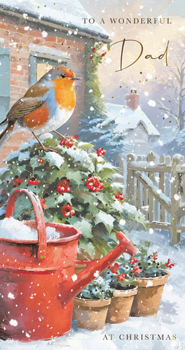 a christmas card for a dad with a bird and a watering can