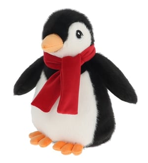 a stuffed penguin with a red scarf around its neck