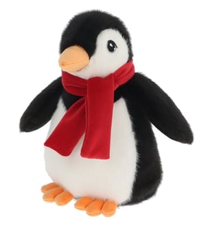 a stuffed penguin with a red scarf around its neck
