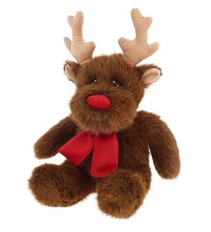 a stuffed reindeer with antlers and a red nose