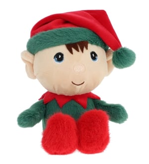 a stuffed elf with a red hat and green pants