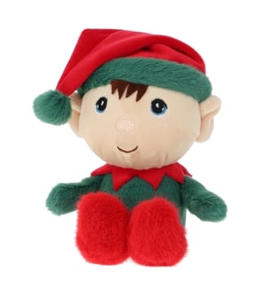 a stuffed elf with a red hat and green pants