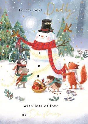 a christmas card for a dad with a snowman and animals .