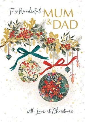 a christmas card for a wonderful mum and dad with love at christmas .