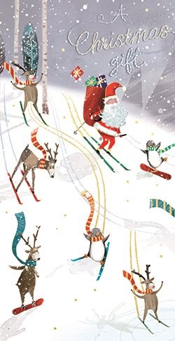 a christmas card with santa claus and reindeer skiing down a snowy hill .