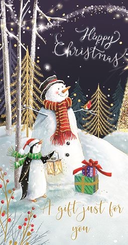 a christmas card with a snowman and penguins on it .