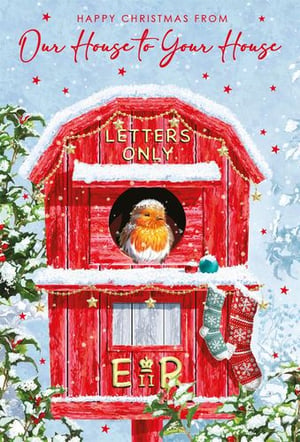 a robin is sitting in a red mailbox on a christmas card .