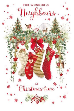 a christmas card for wonderful neighbours at christmas time with stockings hanging from a christmas tree .
