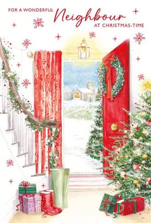 it is a christmas card for a wonderful neighbour at christmas time .