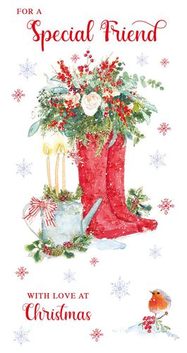 a christmas card for a special friend with love at christmas .