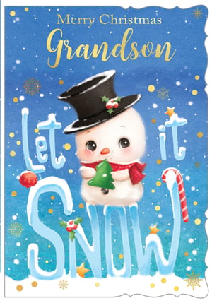 a merry christmas grandson card with a snowman