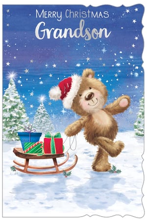 a merry christmas grandson card with a teddy bear pulling a sled full of presents