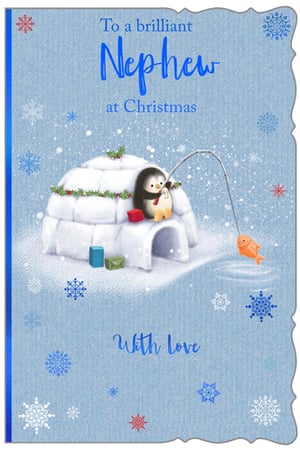 a christmas card for a nephew with a penguin fishing in front of an igloo