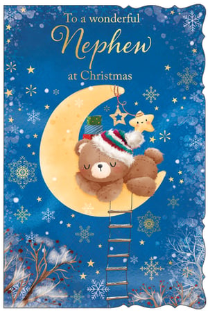 a christmas card with a teddy bear sleeping on the moon