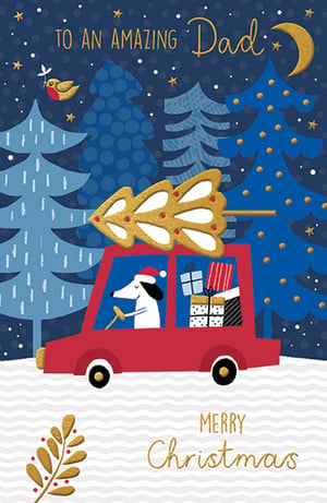 a christmas card with a dog driving a car with a christmas tree on top