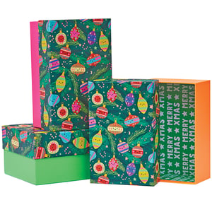a green box with christmas ornaments on it says merry xmas