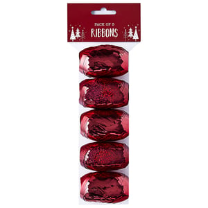 A package of red ribbons with Christmas trees on it.