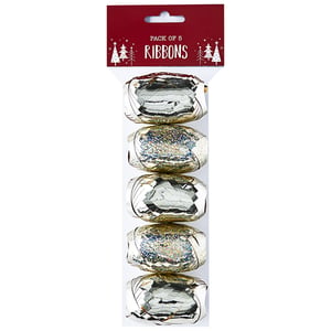 A package of silver and gold ribbons with Christmas trees on them.