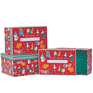 three red boxes with cats on them that say merry christmas