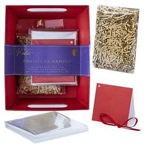 a christmas hamper includes box gift tag ribbon clear hamper bag and envelopes